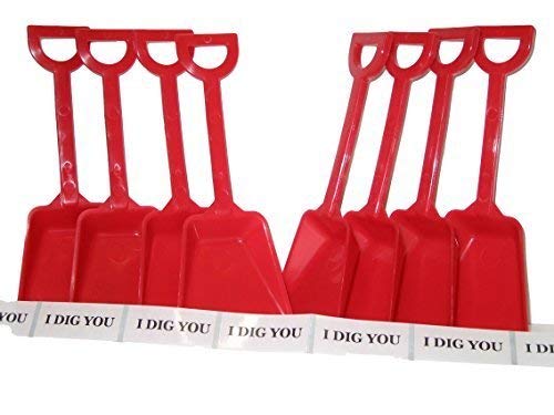 24 Small Toy Plastic Shovels Red, Made in America, 7 Inches Tall, 24 I Dig You Stickers