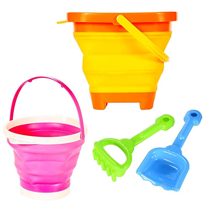 Zehui Beach Toy Set 2 Packable Pails/ Collapsible Buckets with 1 Shovel and 1 Rake Orange & Pink