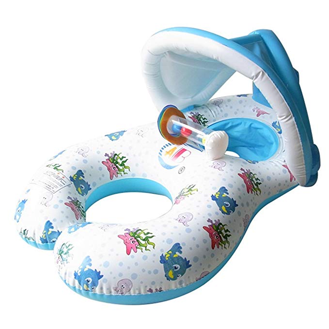 Willcome Mommy & Me Combo Boat, Parents-child Inflatable Sunshade Pool Float Toys with Seat Dual Swimming Rings for Age 6-24 Month