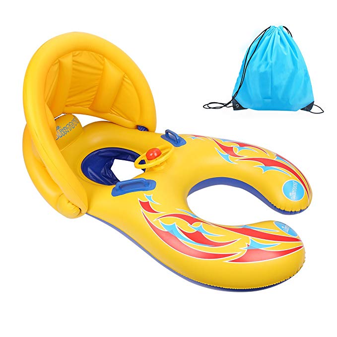 Mother Baby Swimming Pool Float，Happon Inflatable Baby Swim Ring with Adjustable Removable Canopy Included A Storage Bag Bonus
