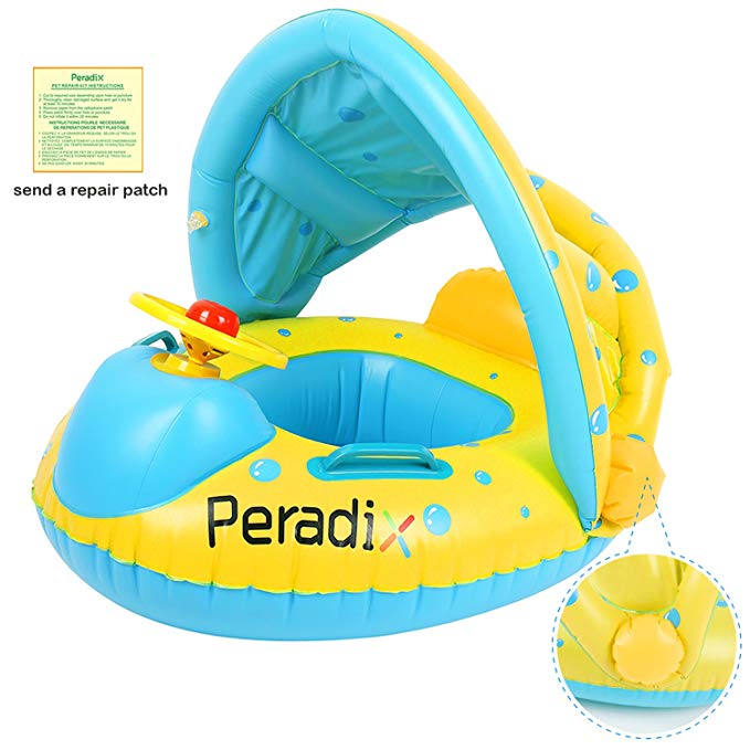 Peradix Baby Water Floats Toys with Inflatable Canopy Sunshade Swimming Pool Boat Upgraded Floating Ring