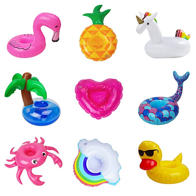 9-Pack Inflatable Drink Holder Drinks Floats for Pool Party Summer Water Floatation Toy - Unicorn, Flamingo, Mermaid, Rainbow, Pineapple, Crab, Coconut tree, Heart, Duck