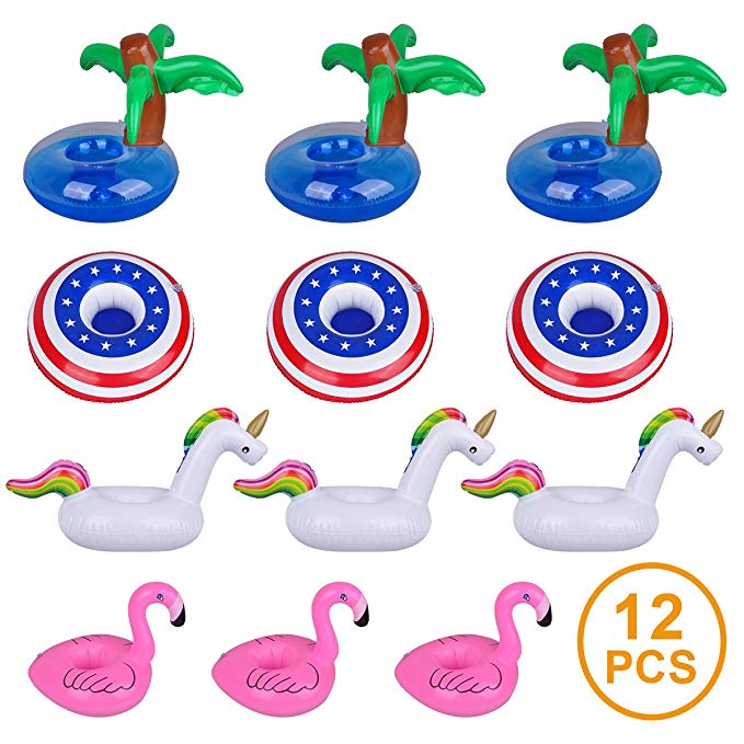Funplus Inflatable Drink Holder - 12 Pack Pool Floating Drink Holder, Flamingo Unicorn Palm Tree American Flag Drink Float Coasters Cup Holder for Summer Pool Party Water Fun