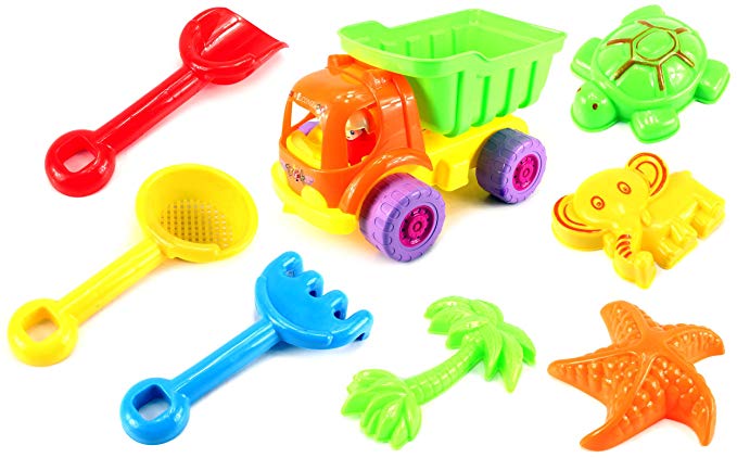 Sandy Beach Aqua Dump Truck Children's Kid's Toy Beach/Sandbox Playset w/ Toy Truck, Hand Tools, Sand Molds (Colors May Vary)