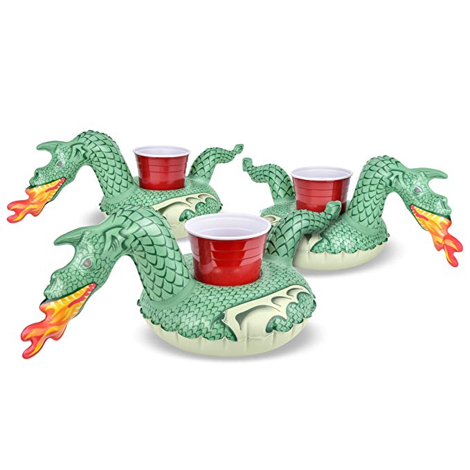 GoFloats Inflatable Fire Dragon Drink Holders (3 Pack) - Float Your Drinks in Style