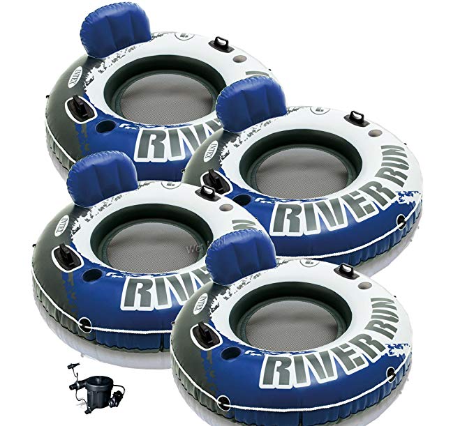 INTEX River Run I Inflatable Floating Tubes (Set of 4) & Quick Fill Air Pump