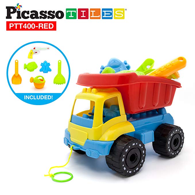 PicassoTiles PTT400 8pc Beach Toys Set Sand Box Toy Kit Combo BPA Free Safe for Kid w/ Car Dump Load Truck, Shovel, Rake, Fish Mold, Spaceship, Pull Bar, Water Gun & Can for Children Outdoor Fun Play