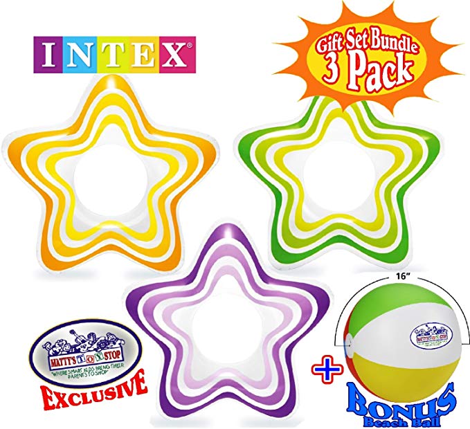Intex Inflatable Star Shape Swim Rings Green, Yellow & Purple Gift Set Bundle with Bonus 