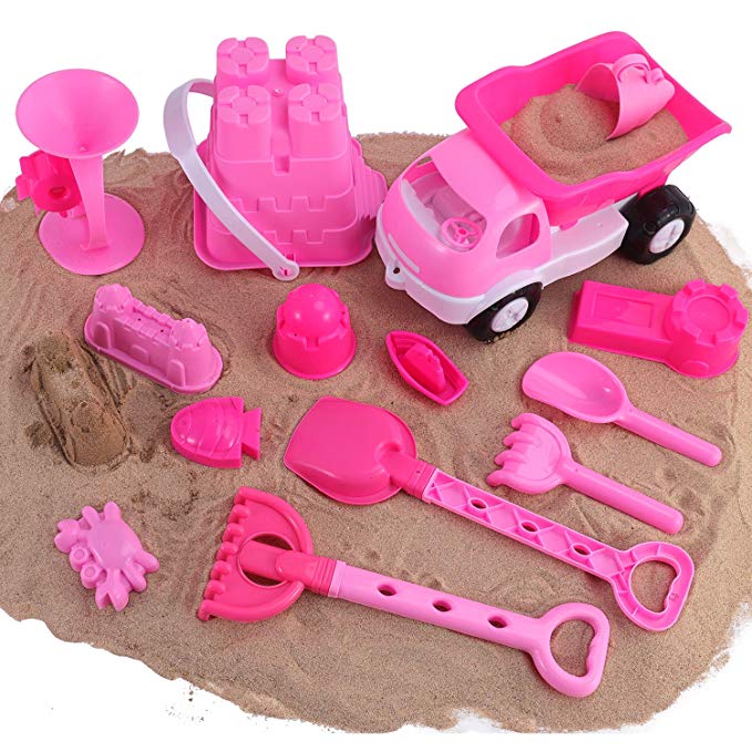 Liberty Imports Pink Princess Castle Beach Set Toy for Girls - Includes Dump Truck, Sand Wheel, Bucket, Play Tools and Molds (14 Pcs Playset)