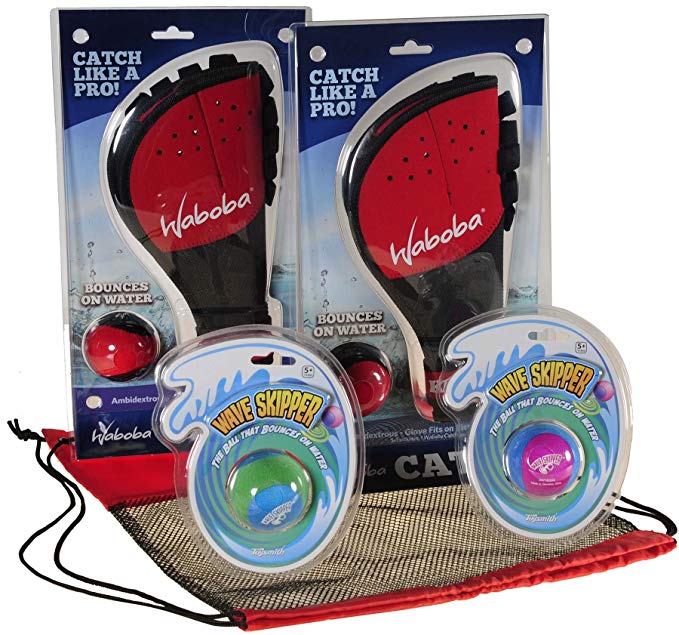 Waboba Catch Glove w/ Pro Ball _ Ambidextrous Gloves_ Bundle of 2 Sets _Bonus 2 Multi-Color Wave Skipper Balls _ Bundled Items