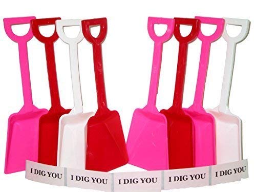 Small Toy Plastic Shovels Red Pink & White, 30 Pack, 7 Inches Tall, 30 I Dig You Stickers