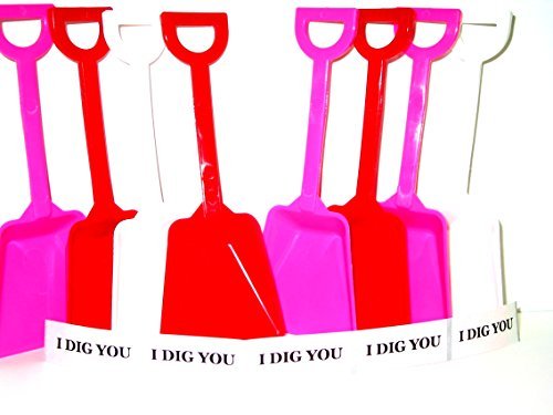 12 Children's Toy Plastic Shovels 4 ea Red White & Pink, I Dig You Stickers Mfg USA Lead Free