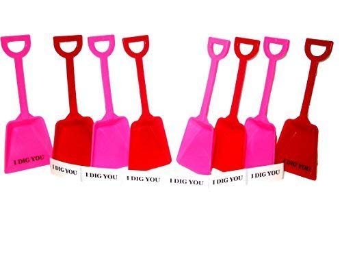 24 Small Toy Plastic Shovels Mix Red & Pink, Made in America 7 Inches Tall, 24 I Dig You Stickers