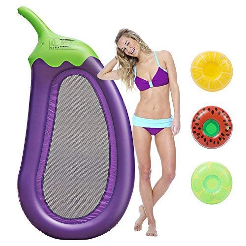 FunsLane Inflatable Eggplant Pool Float, Outdoor Swimming Pool Raft Giant Purple Pool Lounge Summer Party Beach Holiday Toys for Adults and Kids, with 3 Pack Random Inflatable Drink Holders