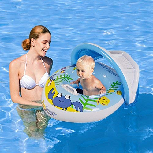 HANMUN Baby Pool Floats Canopy,Inflatable Baby Pool Float Swimming Ring Handle The Age 6-36 Months