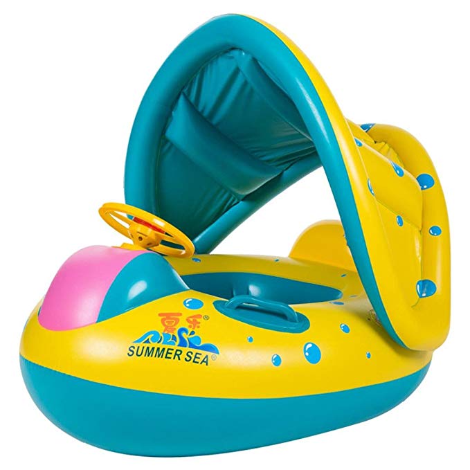 Transer Inflatable Sunshade Swimming Pool Ring Float Boat Seat Baby Kids Toddler Raft (Yellow)