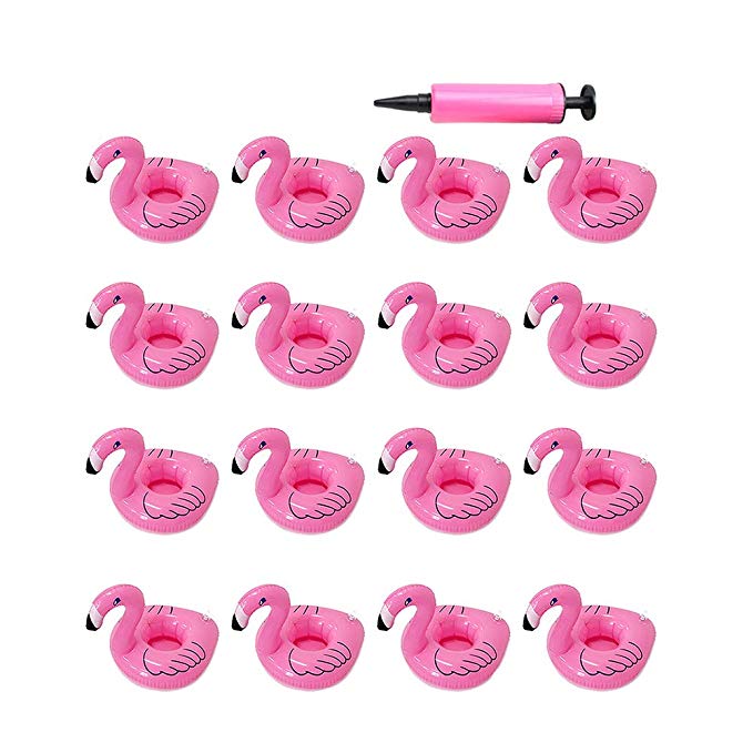 ACHIEWELL 16 Pack Inflatable Flamingo Coasters Cup Drink Holder with a Mini Air Pump - Toys for Pool Items (Flamingo 16 PCS)