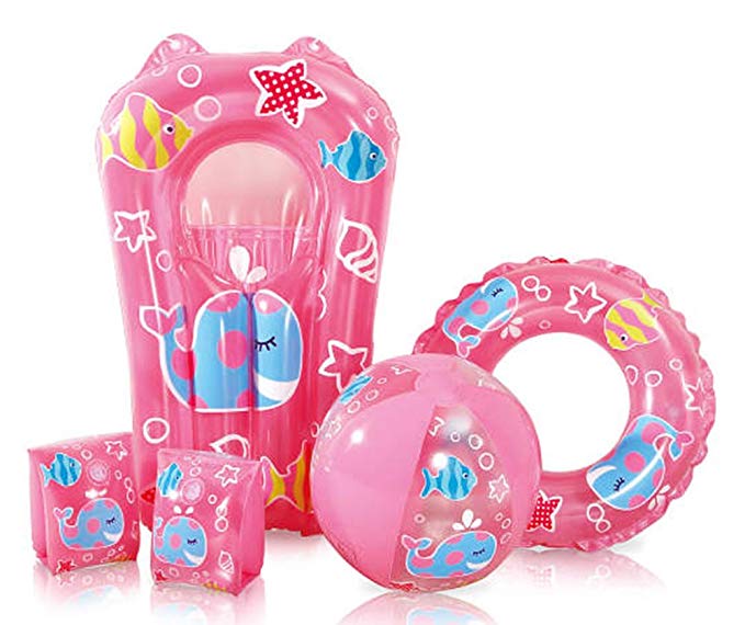 Kids Pink Swimming Pool 5 Piece Set Inflatable Beach Ball, Ring, Armbands and Surfer