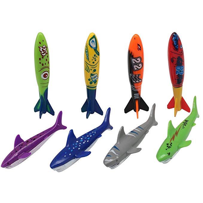 Fajiabao Diving Toys kit for Swimming Pool Use Gliding Shark Throwing Torpedo Rockets Underwater Colorful Rubber Best Halloween, 8 Pieces