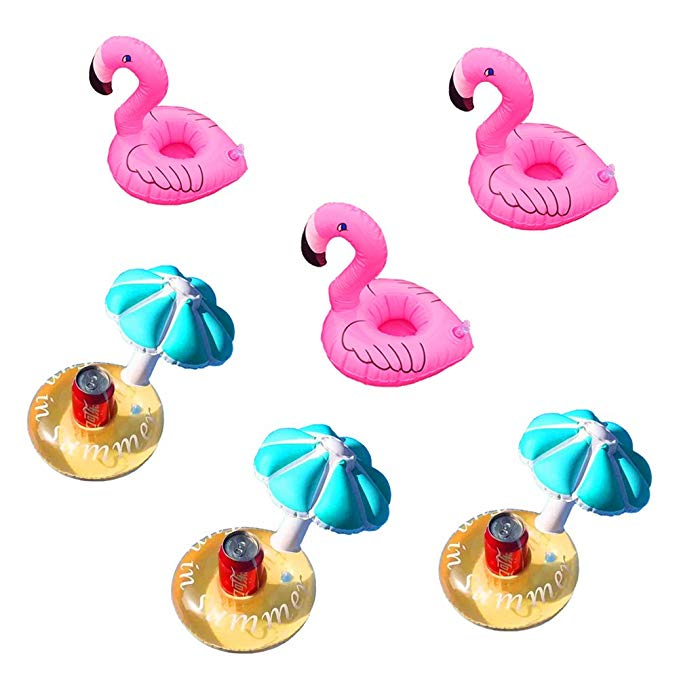 Extpro Inflatable Drink Holder 3 Pack Flamingo & 3 Pack Umbrella Floating Pool Toy Tray for Swimming Pool Beach Party(Set of 6)