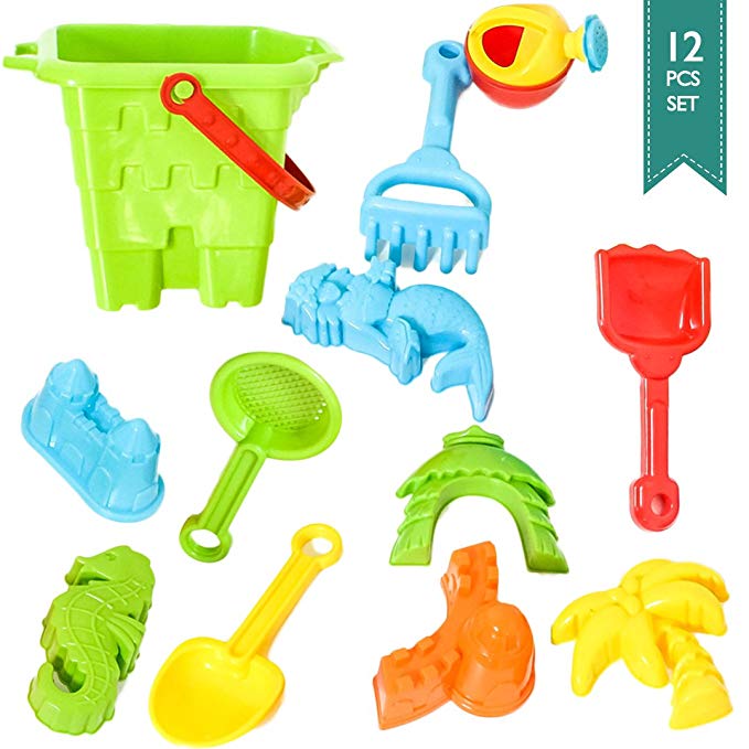 Baby-Beach-Toys: Big Sand Bucket 12-Pcs Molds & Tools for Water Tables, Beach, Sand Boxes, Bath Tub, Pool or Kinetic Sand Toys for Toddlers