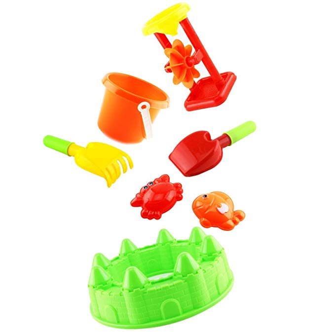 FAVTOY ISLAND - 7 Pieces Beach Sand Toy Set Including Castle, Molds, Bucket, Shovels, Rakes, Mesh bag Packaging