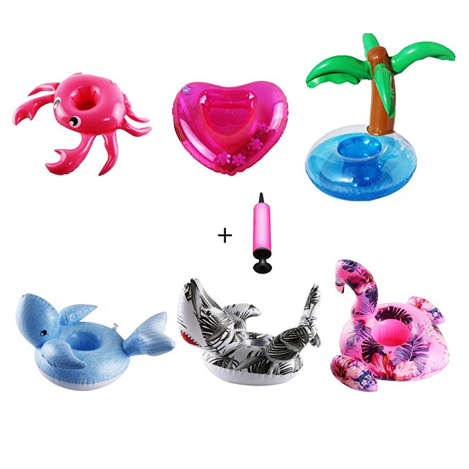 Aoutacc Float Drink Holders for Pool,Inflatable Beverage Floats Cup Coasters with Mini Air Pump 6 Pack (Crab,Palm trees,Flamingo,Heart,Whale,Shark)
