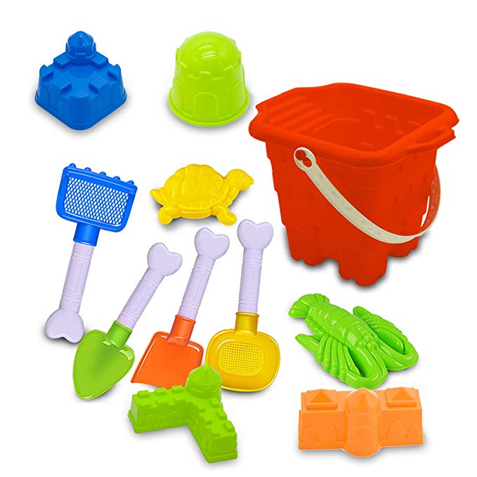 DUUTY Beach Sand Toys Set for Baby Kids Sandbox Toy Include Big Beach Bucket Shovel Rake Sieve & Sand Castle Molds Sea Animal Sands Models 11 Pcs