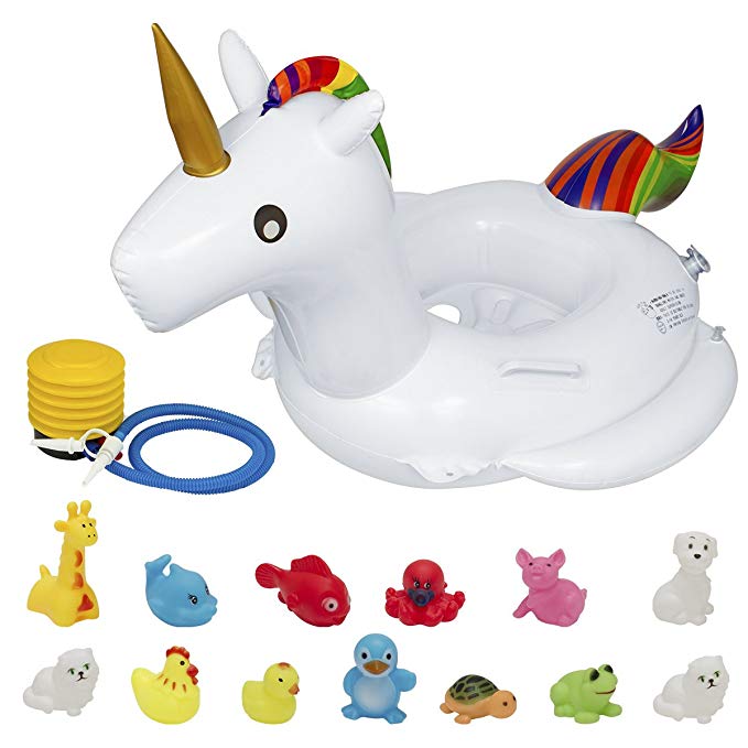 Biubee Baby Unicorn Swimming Float- Inflatable Ring Seat Swim Raft with Squeaky Toys and Foot Pump for Kids, 1 to 12 Years Old