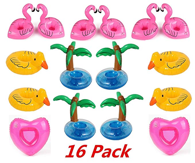 Inflatable Drink Holders,16 Pack Flamingo Palm Donut Fruit Inflatable Party Cup Holders,Party Supplies for Pool Party Beach and Kids Bath Toys (16 Multi-A)