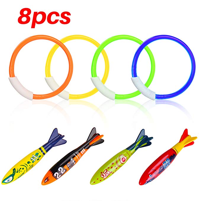 MEKUULA Diving Toys Underwater Swimming Pool Toy Rings Toypedo Bandits Water Throw Gift Set Bundle, 8 Pcs