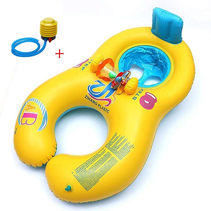 Safe Floater Mother & Baby Swimming Ring Aid Flotation Baby Safety Float Seat Pool Toy 2 Color +A Plastic Foot Air Pump Inflator (Yellow+Blue)