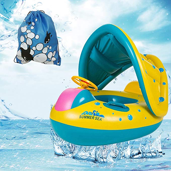 SUNFUNG Inflatable Baby Pool Float Boat with Sun Canopy Swimming Ring And a Cute Storage Bag