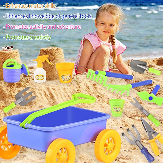 Garden Wagon & Tools Toy Set for Kids - Includes 8 Gardening Tools, 4 Pots, Water Pail and Spray - Great Beach and Sand Toys Perfect Gift For Boys -Girls -Toddlers