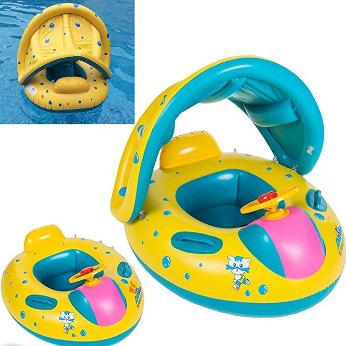 Inflatable Sunshade Baby Pool Float ,Swimming Ring Fish boat with Sun Canopy