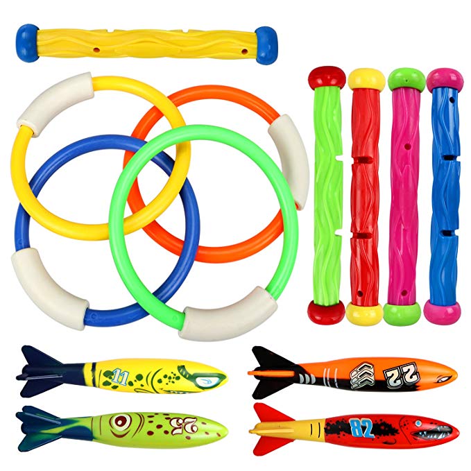 Underwater Swimming Diving Pool Toy Rings 4 pcs, Diving Sticks 5 pcs and Torpedo Bandits 4 pcs Sets Under Water Games Training Gift for Boys Girls