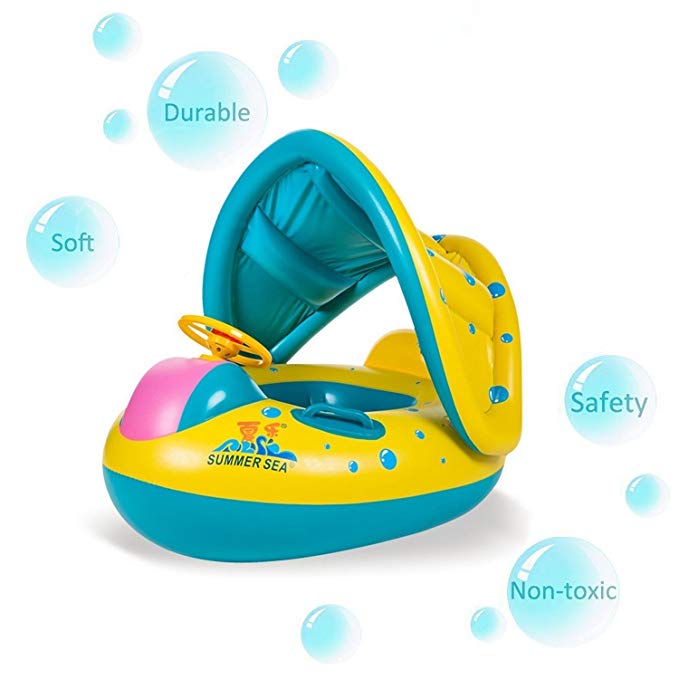 HmiL-U Swimming Pool Boat PVC Baby Float with Adjustable Sunshade Sturdy Handles,for 0-3 Years Old (Yellow)