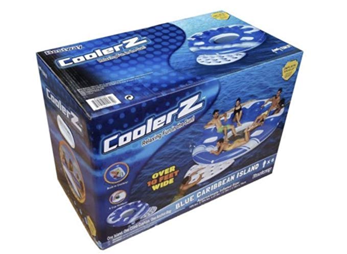 6 Person Cooler Z Blue Caribbean Floating Island Inflatable in Water with Cooler & Cup Holders