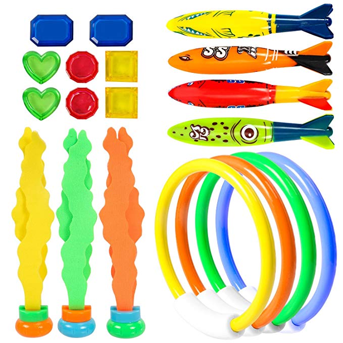 UNEEDE Diving Toy Swimming Pool Toy Underwater Fun Dive Training Toy 19 Pcs with 4 Dive Ring,4 Toypedo Bandit,3 Stringy Octopu,8 Jewel Gem Treasure Weighted Dive Toy Bulk Gift for Kid Child Boy Girl