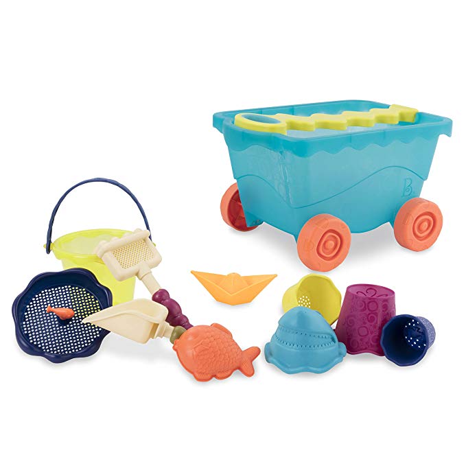 B. toys – Wavy-Wagon – Travel Beach Buggy (Sea Blue) with 11 Funky Sand Toys – Phthalates and BPA Free – 18 m+