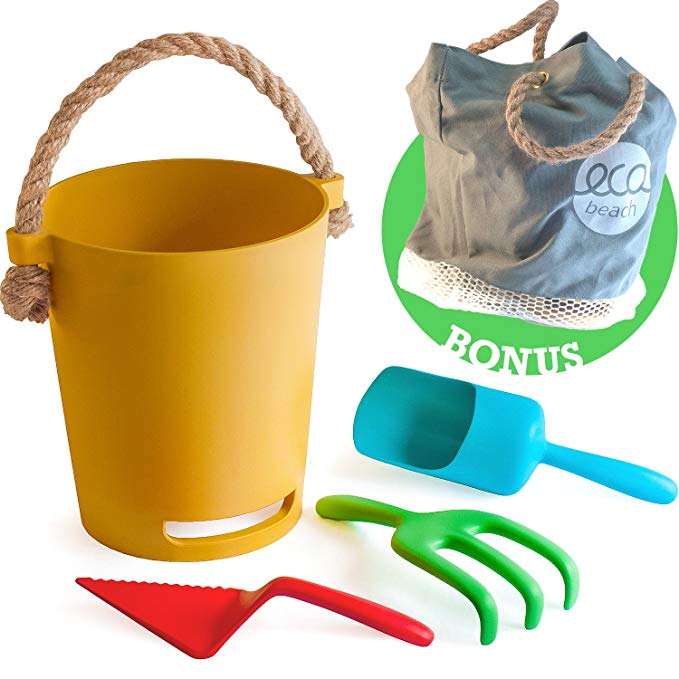 Eco Beach Toy Set for Toddlers & Kids | Biodegradable Natural Bamboo Fiber Sand Toys | Includes Carry Tote Bag with Mesh Base | Non Plastic Beach Toys for Boys & Girls of Any Age