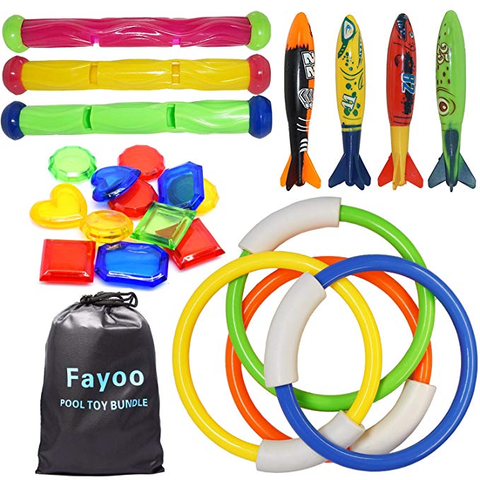 Fayoo 23 Pack Underwater Swimming/Diving Pool Toy Rings(4 Pcs), Toypedo Bandits(4 Pcs), Diving Sticks(3 Pcs) with Under Water Treasures (12 Pcs) Gift Set Bundle, Ages 3+