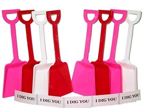 Small Toy Plastic Shovels Red White & Pink, 36 Pack, 7 Inches Tall, 36 I Dig You Stickers