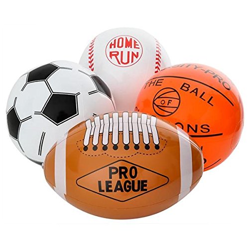 12-Pack 16” Inflatable Sport Beach Balls - 3x Basketballs, 3x Baseballs, 3x Footballs, 3x Soccer Balls, Sports Party Decorations and Party Favors for Parties, 12 Safe & Strong Super Fun Inflated Toys