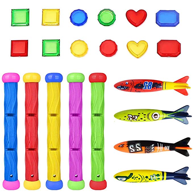 H Harlerbo Underwater Swimming Diving Pool Toy Set - Dive Sticks, Torpedo Bandits, Dive Gems Treasure, Pool Water Bath Toys, Gift Set Bundle for Kids Summer Toys, 21 Pack