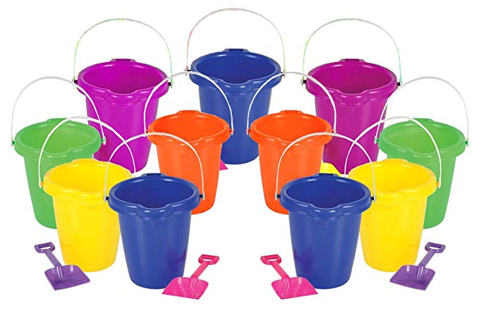 4E's Novelty 1 Dozen Beach Sand Pails and Shovels 7 inch, assorted colors, Sand Buckets for Kids, Sand Buckets Large,