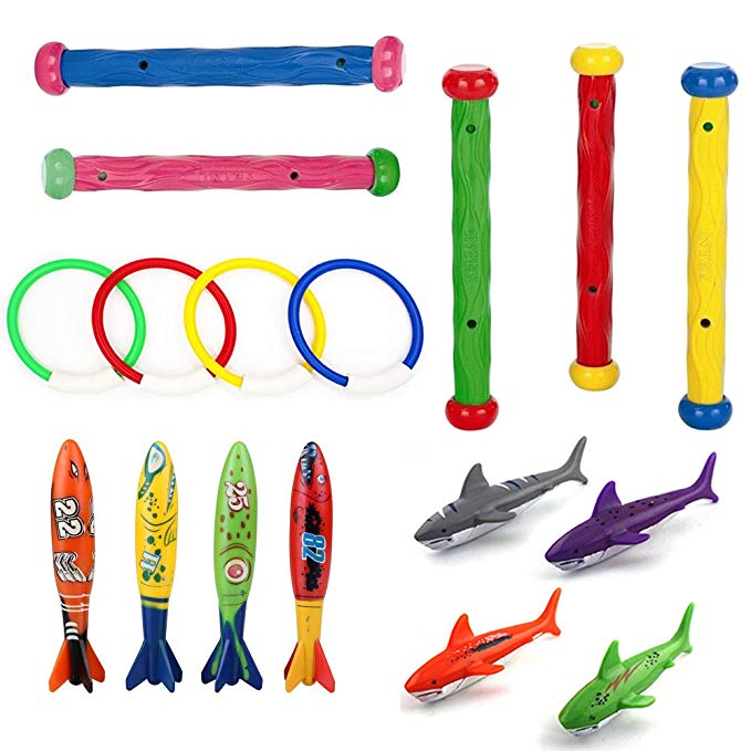 Gomech Underwater Swimming/Diving Pool Toy Rings (4 pcs), Diving Sticks (5 pcs), toypedo bandits(4 pcs) and Diving shark torpedo(4 pcs) for Gift Set Bundle