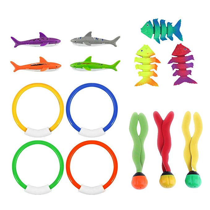 LAWOHO 14 Pack Underwater Swimming Diving Pool Fun Toys Kids Swim Training Practice, 4 Diving Rings, 4 Diving Shark Toys, 3 Tropical Fish Toys，3 Sinking Fun Balls