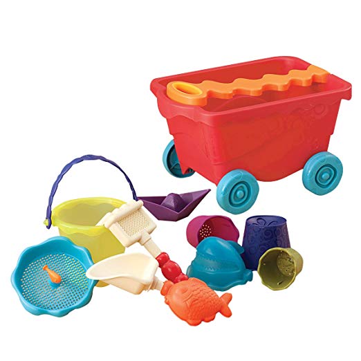 B. Wavy-Wagon – Includes Sand sifter, Funky Handle, Cups, Shark Lid, Sand Mold, Rake, Trowel, Bucket, Sifter, and Boat! – For Ages 18 Months and Up – Tomato