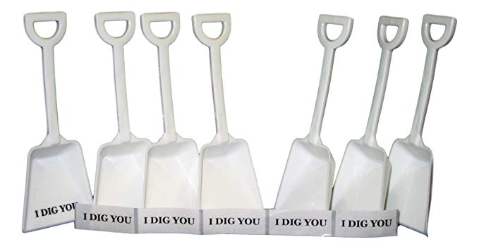 24 Small Toy Plastic Shovels White, Made in America, 7 Inches Tall, 24 I Dig You Stickers